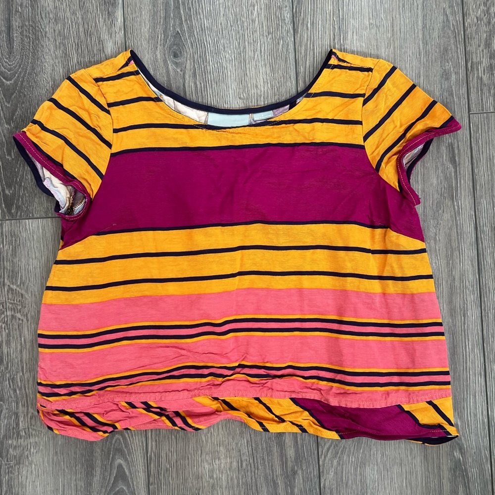 Maeve by Anthropologie Yellow and Pink Striped Short Sleeve Top Crop Size 2